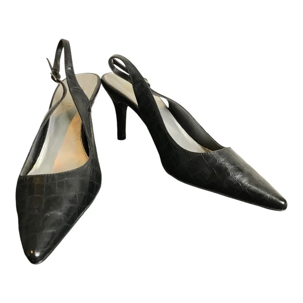 Chaps‎ Slingback Pumps Women 9.5 Black Croc Embossed Leather Pointed Toe Classic